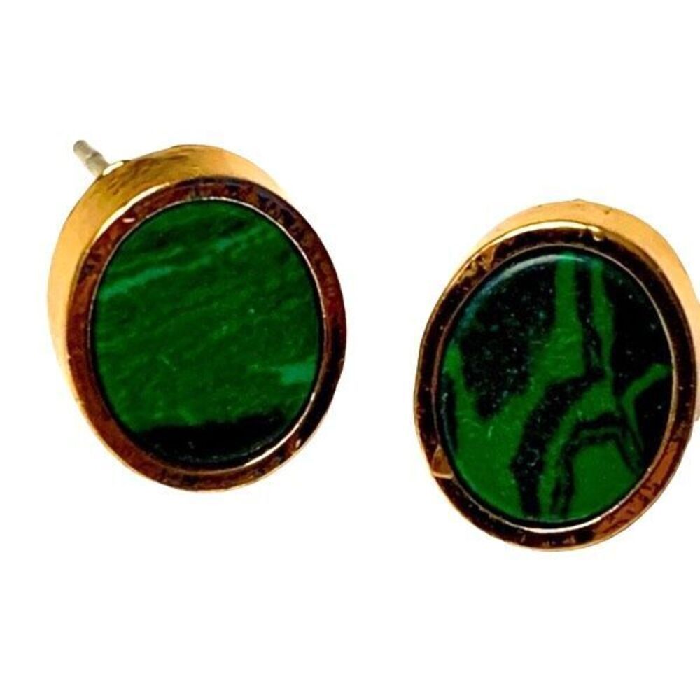 Green Faux Malachite Stud Earrings – Gold Plated Oval Stone Bezel Jewelry Gift